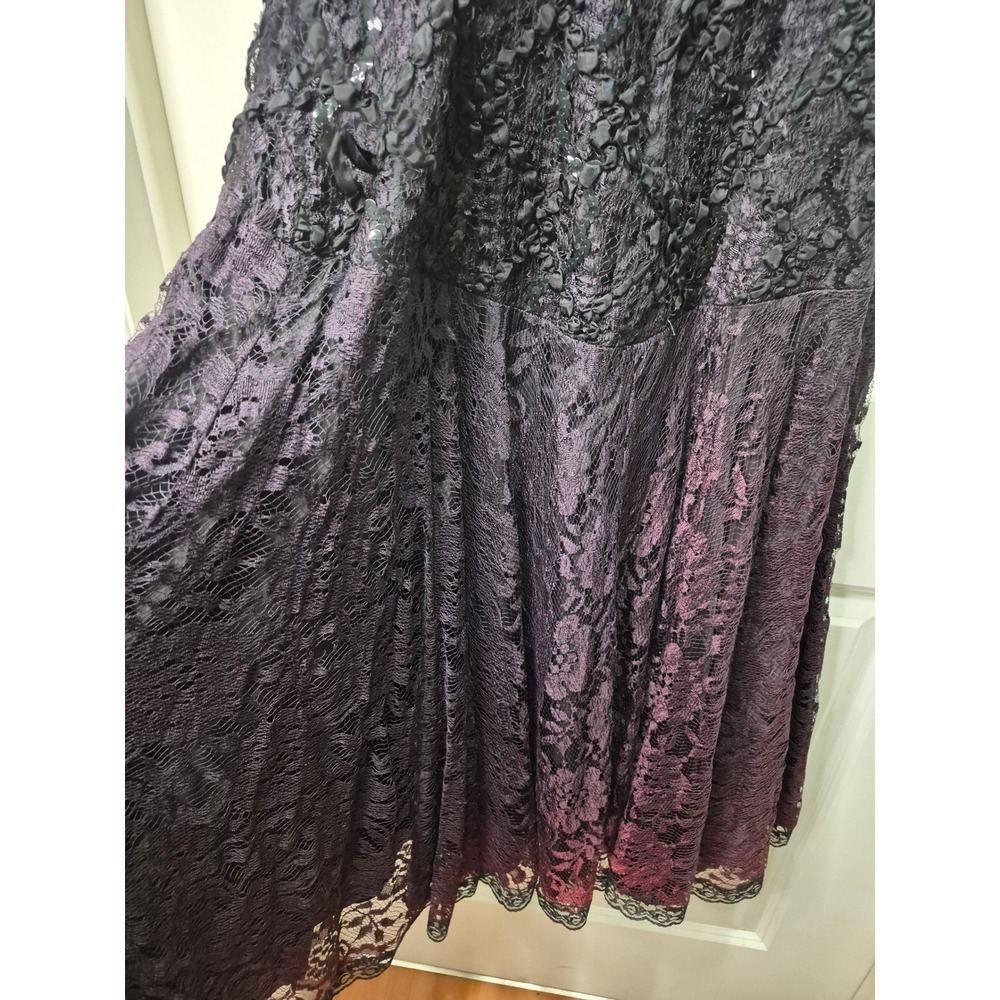 Vintage Black Purple Lace Sequin Ribbon Rosette Evening Gown Tea Length Dress - Picture 3 of 12